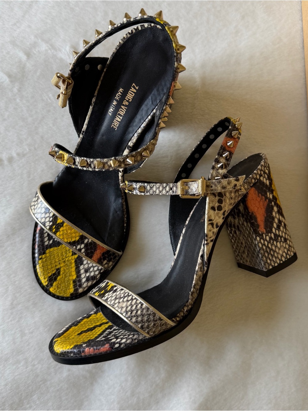 Zadig & Voltaire Black, White & Orange Snakeskin Studded Heeled Sandals